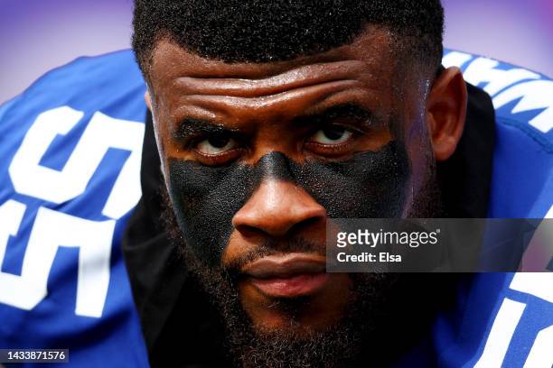 Jihad Ward of the New York Giants looks on prior to the game against the Baltimore Ravens at MetLife Stadium on October 16, 2022 in East Rutherford,...