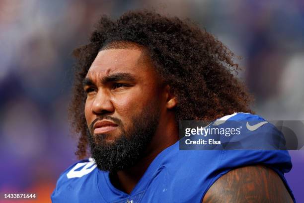 Leonard Williams of the New York Giants looks on prior to the game against the Baltimore Ravens at MetLife Stadium on October 16, 2022 in East...