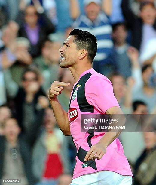 Juventus' forward Marco Borriello celebrates with team mates after scoring during the Italian Serie A football match Cesena vs Juventus on April 25,...