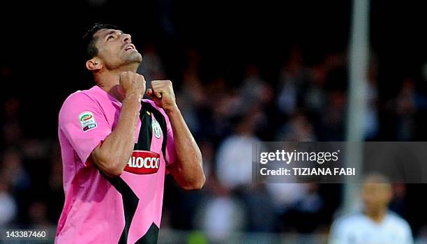 Juventus' forward Marco Borriello gestures at the end of the Italian Serie A football match Cesena vs Juventus on April 25, 2012 at Dino Manuzzi...