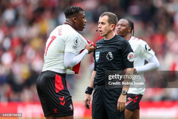 Armel Bella-Kotchap of Southampton complains to Referee Peter Bankes that his shirt was pulled during the Premier League match between Southampton FC...