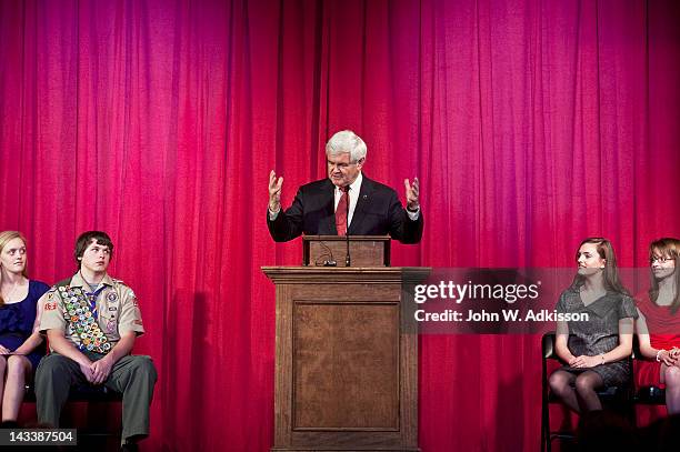 Republican presidential candidate, former Speaker of the House Newt Gingrich speaks to students at Thomas Jefferson Classical Academy on April 25,...