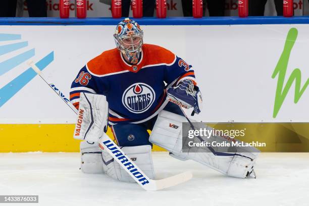 Goaltender Jack Campbell of the Edmonton Oilers during warmup against the Calgary Flames at Rogers Place on October 15, 2022 in Edmonton, Canada.