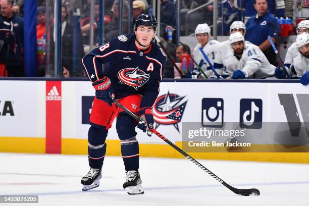 Zach Werenski of the Columbus Blue Jackets skates with the puck during the third period of a game against the Tampa Bay Lightning at Nationwide Arena...