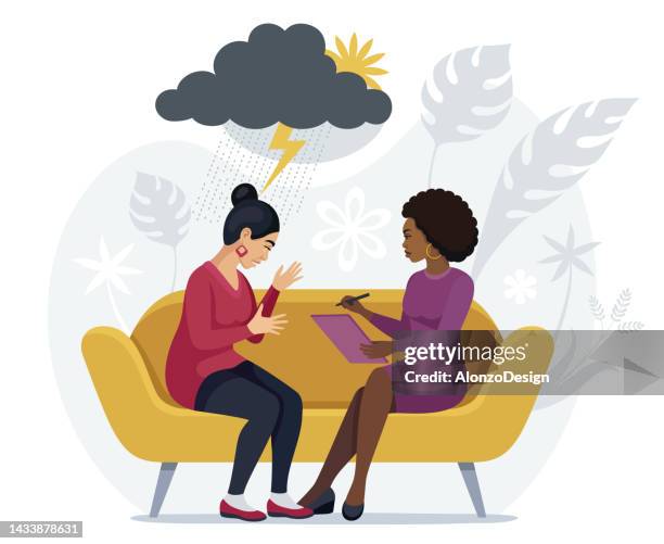 psychotherapie. eine afroamerikanische psychologin, die eine traurige junge frau berät. - alternative behandlungsmethode stock-grafiken, -clipart, -cartoons und -symbole