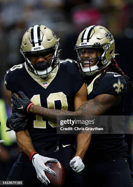 Tre'Quan Smith of the New Orleans Saints celebrates after catching the ball for a touchdown during the first quarter against the Cincinnati Bengals...