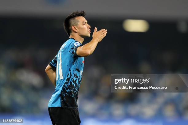 Hirving Lozano of SSC Napoli celebrates after scoring the 2-1 goal during the Serie A match between SSC Napoli and Bologna FC at Stadio Diego Armando...