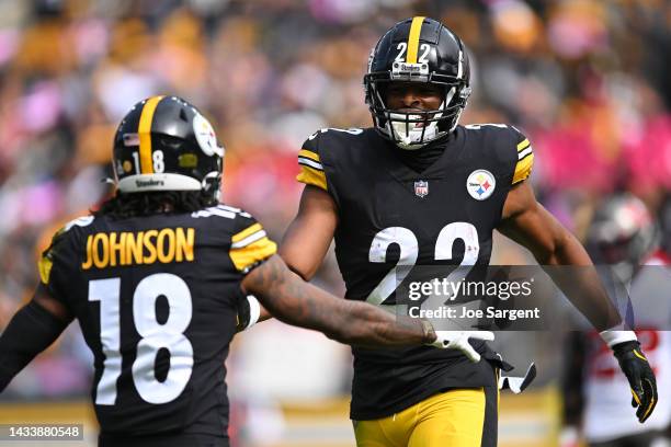 Najee Harris of the Pittsburgh Steelers celebrates with Diontae Johnson after scoring a touchdown reception against the Tampa Bay Buccaneers during...