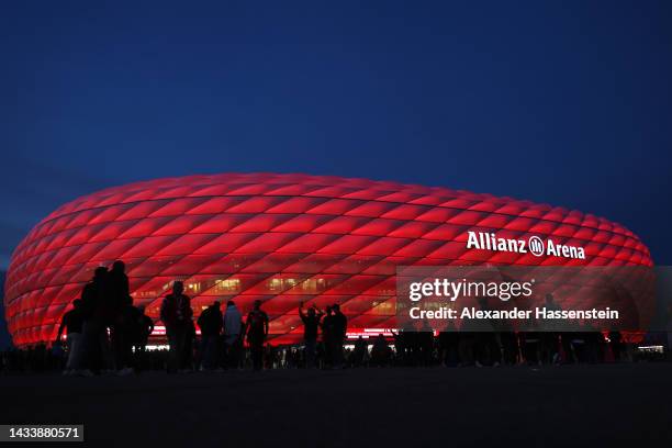 General view outside the stadium prior to the Bundesliga match between FC Bayern München and Sport-Club Freiburg at Allianz Arena on October 16, 2022...