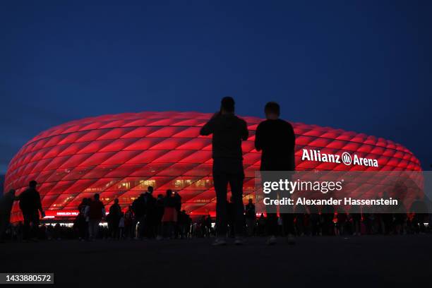 General view outside the stadium prior to the Bundesliga match between FC Bayern München and Sport-Club Freiburg at Allianz Arena on October 16, 2022...