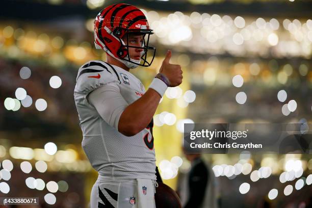 Joe Burrow of the Cincinnati Bengals reacts prior to the game against the New Orleans Saints at Caesars Superdome on October 16, 2022 in New Orleans,...