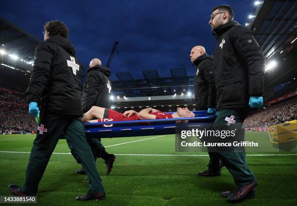 Diogo Jota of Liverpool is stretchered off injured during the Premier League match between Liverpool FC and Manchester City at Anfield on October 16,...