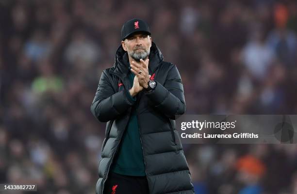 Juergen Klopp, Manager of Liverpool applauds the fans following the Premier League match between Liverpool FC and Manchester City at Anfield on...