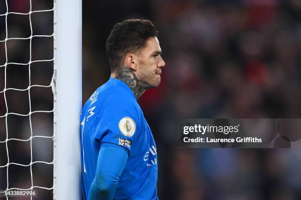 Ederson of Manchester City reacts during the Premier League match between Liverpool FC and Manchester City at Anfield on October 16, 2022 in...