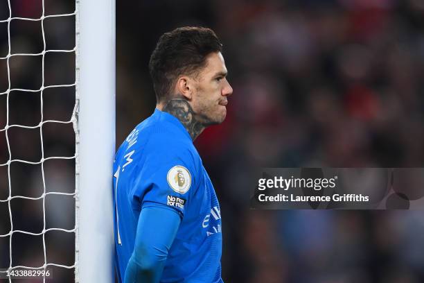 Ederson of Manchester City reacts during the Premier League match between Liverpool FC and Manchester City at Anfield on October 16, 2022 in...