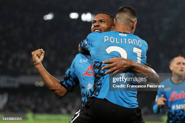 Juan Jesus of SSC Napoli celebrates with Matteo Politano after scoring a goal to make the score 1-1 during the Serie A match between SSC Napoli and...