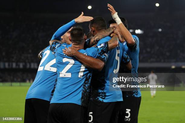 Juan Jesus of SSC Napoli celebrates with teammates after scoring a goal to make the score 1-1 during the Serie A match between SSC Napoli and Bologna...
