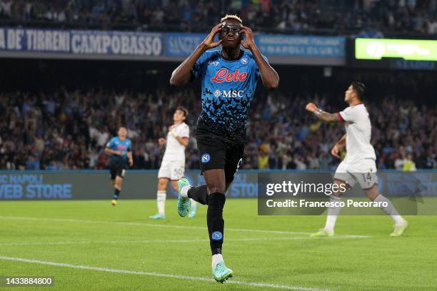 Victor Osimhen of SSC Napoli celebrates after scoring the 3-2 goal during the Serie A match between SSC Napoli and Bologna FC at Stadio Diego Armando...