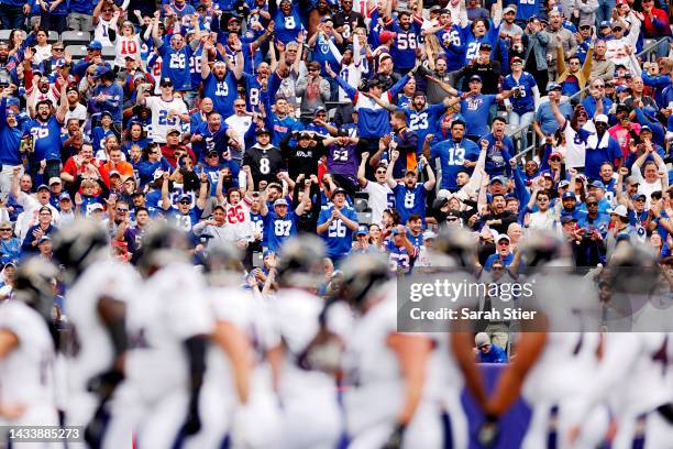 New York Giants fans celebrates a missed field goal by Justin Tucker of the Baltimore Ravens during the first quarter at MetLife Stadium on October...