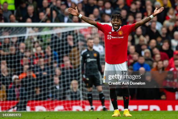 Fred of Manchester United reacts during the Premier League match between Manchester United and Newcastle United at Old Trafford on October 16, 2022...