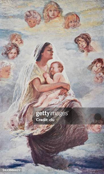 ilustraciones, imágenes clip art, dibujos animados e iconos de stock de madonna sosteniendo al bebé rodeado de ángeles - innocence