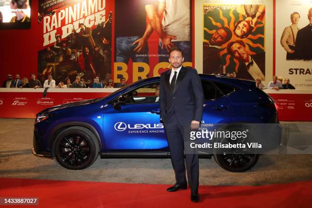 Matthias Schoenaerts arrives on the red carpet ahead of the "Django - The Series" screening during the 17th Rome Film Fest on October 16, 2022 in...
