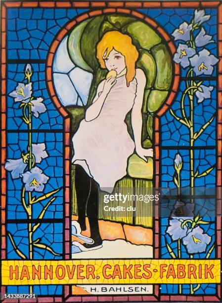 stockillustraties, clipart, cartoons en iconen met advertising for hannover cakes fabrik, church window style - fabrik