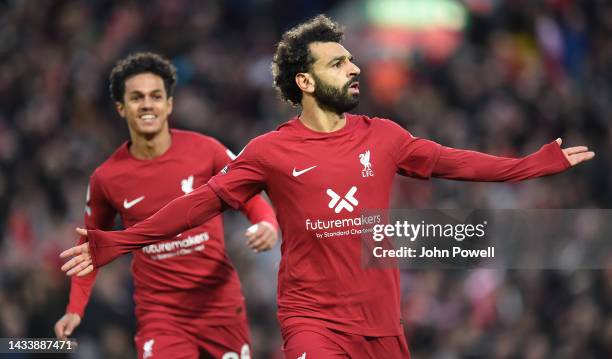 Mohamed Salah of Liverpool celebrates after scoring the first goal during the Premier League match between Liverpool FC and Manchester City at...