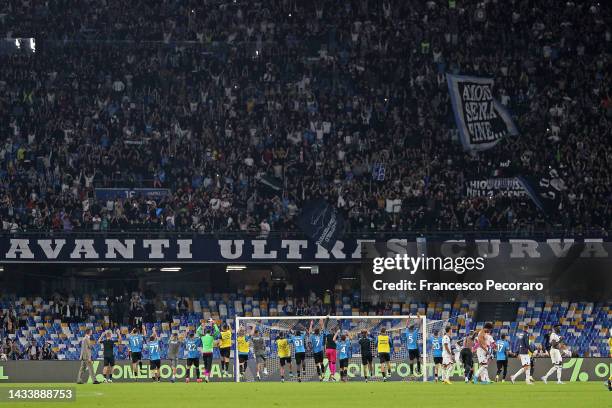 Napoli players celebrate the victory with their supporters after the Serie A match between SSC Napoli and Bologna FC at Stadio Diego Armando Maradona...