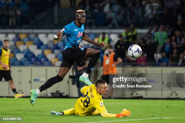 Victor Osimhen of SSC Napoli scores 3-2 goal during the Serie A match between SSC Napoli and Bologna FC at Stadio Diego Armando Maradona on October...