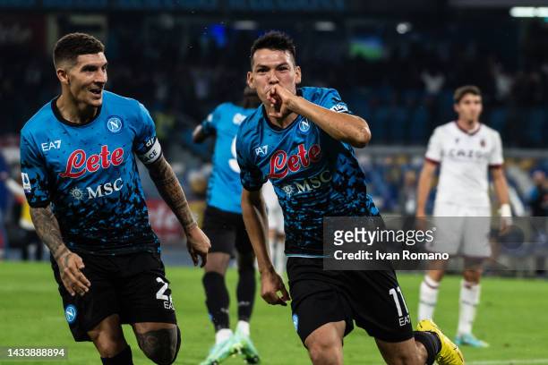 Hirving Lozano of SSC Napoli celebrates after scoring a goal to make it 2-1 during the Serie A match between SSC Napoli and Bologna FC at Stadio...