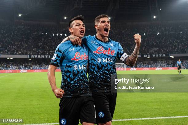 Hirving Lozano and Giovanni Di Lorenzo of SSC Napoli celebrate after scoring a goal to make it 2-1 during the Serie A match between SSC Napoli and...