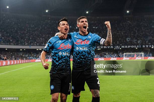 Hirving Lozano and Giovanni Di Lorenzo of SSC Napoli celebrate after scoring a goal to make it 2-1 during the Serie A match between SSC Napoli and...