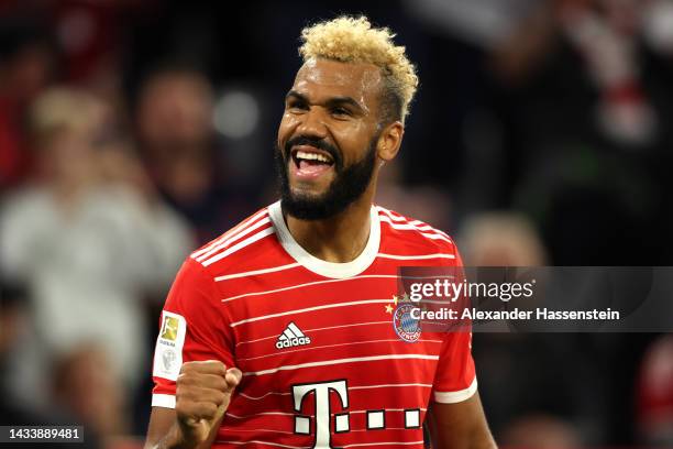 Eric Maxim Choupo-Moting of Bayern Munich celebrates after scoring their team's second goal during the Bundesliga match between FC Bayern München and...