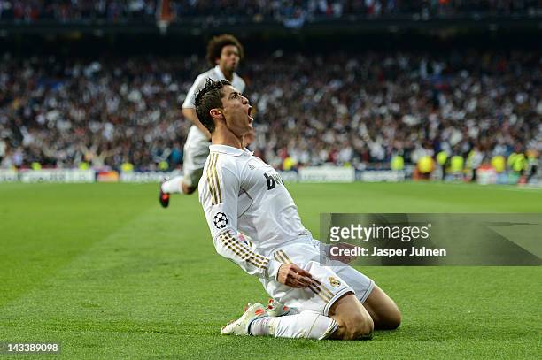 Cristiano Ronaldo of Real Madrid celebrates scoring their second goal during the UEFA Champions League Semi Final second leg between Real Madrid CF...