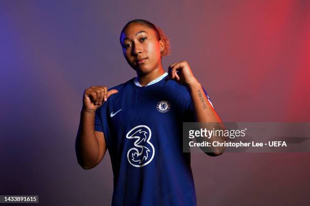 Lauren James of Chelsea FC poses for a photo during the Chelsea FC UEFA Women's Champions League Portrait session at Chelsea Training Ground on...