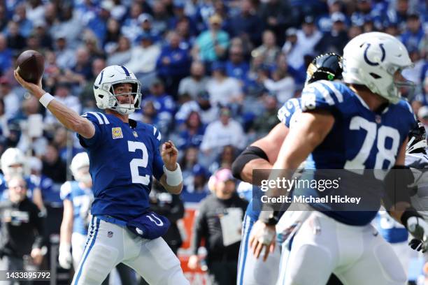 Matt Ryan of the Indianapolis Colts passes against the Jacksonville Jaguars during the first half at Lucas Oil Stadium on October 16, 2022 in...