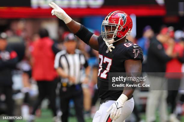 Grady Jarrett of the Atlanta Falcons reacts after forcing a fumble during the second quarter against the San Francisco 49ers at Mercedes-Benz Stadium...