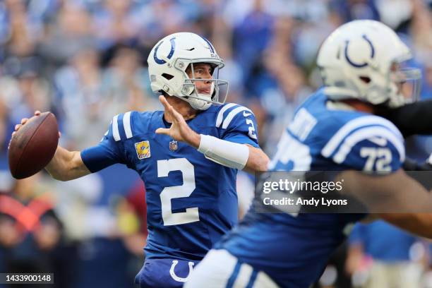 Matt Ryan of the Indianapolis Colts passes against the Jacksonville Jaguars during the first half at Lucas Oil Stadium on October 16, 2022 in...