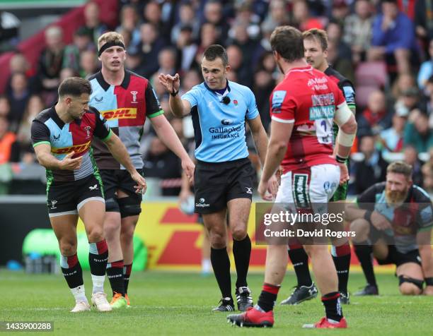 Adam Leal, the referee issues instructions during the Gallagher Premiership Rugby match between Harlequins and Leicester Tigers at Twickenham Stoop...