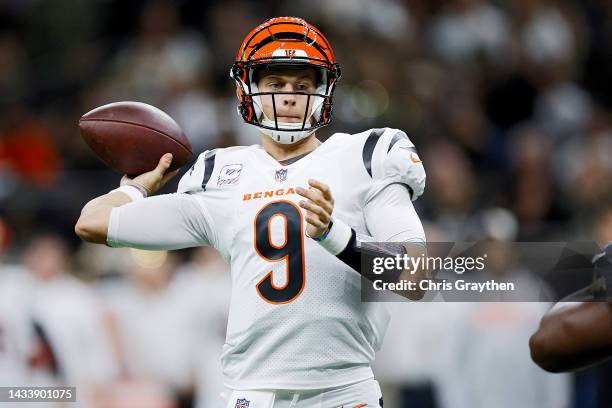 Joe Burrow of the Cincinnati Bengals throws the ball during the third quarter against the New Orleans Saints at Caesars Superdome on October 16, 2022...