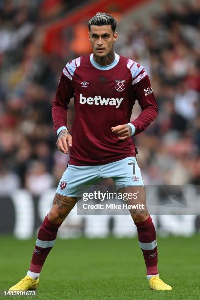 Gianluca Scamacca of West Ham United looks on during the Premier League match between Southampton FC and West Ham United at Friends Provident St....