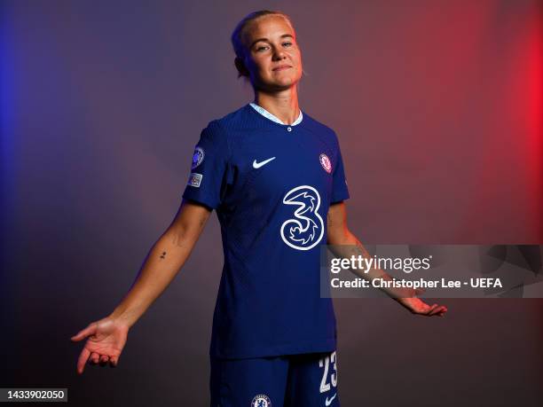 Pernille Harder of Chelsea FC poses for a photo during the Chelsea FC UEFA Women's Champions League Portrait session at Chelsea Training Ground on...