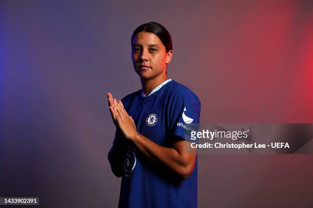 Sam Kerr of Chelsea FC poses for a photo during the Chelsea FC UEFA Women's Champions League Portrait session at Chelsea Training Ground on October...