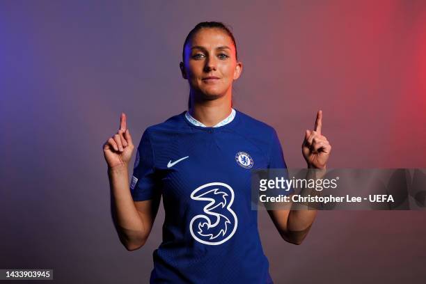 Eve Perisset of Chelsea FC poses for a photo during the Chelsea FC UEFA Women's Champions League Portrait session at Chelsea Training Ground on...