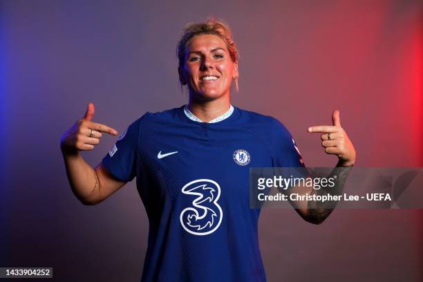 Millie Bright of Chelsea FC poses for a photo during the Chelsea FC UEFA Women's Champions League Portrait session at Chelsea Training Ground on...
