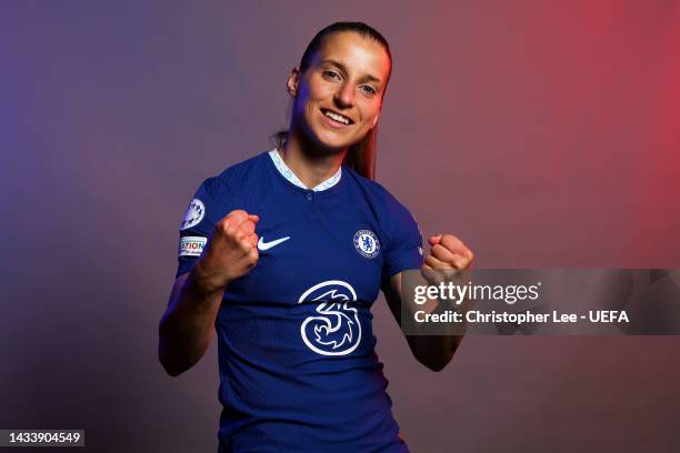 Jelena Cankovic of Chelsea FC poses for a photo during the Chelsea FC UEFA Women's Champions League Portrait session at Chelsea Training Ground on...