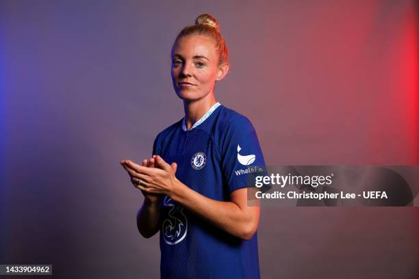 Sophie Ingle of Chelsea FC poses for a photo during the Chelsea FC UEFA Women's Champions League Portrait session at Chelsea Training Ground on...