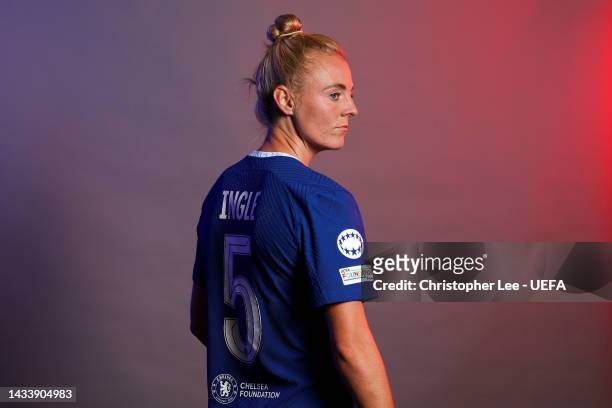 Sophie Ingle of Chelsea FC poses for a photo during the Chelsea FC UEFA Women's Champions League Portrait session at Chelsea Training Ground on...