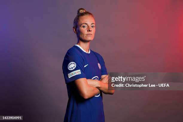 Sophie Ingle of Chelsea FC poses for a photo during the Chelsea FC UEFA Women's Champions League Portrait session at Chelsea Training Ground on...
